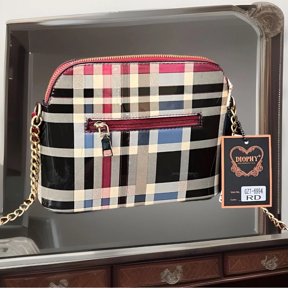 Diophy Red Black Checkered Vegan Leather Crossbody Purse Handbag